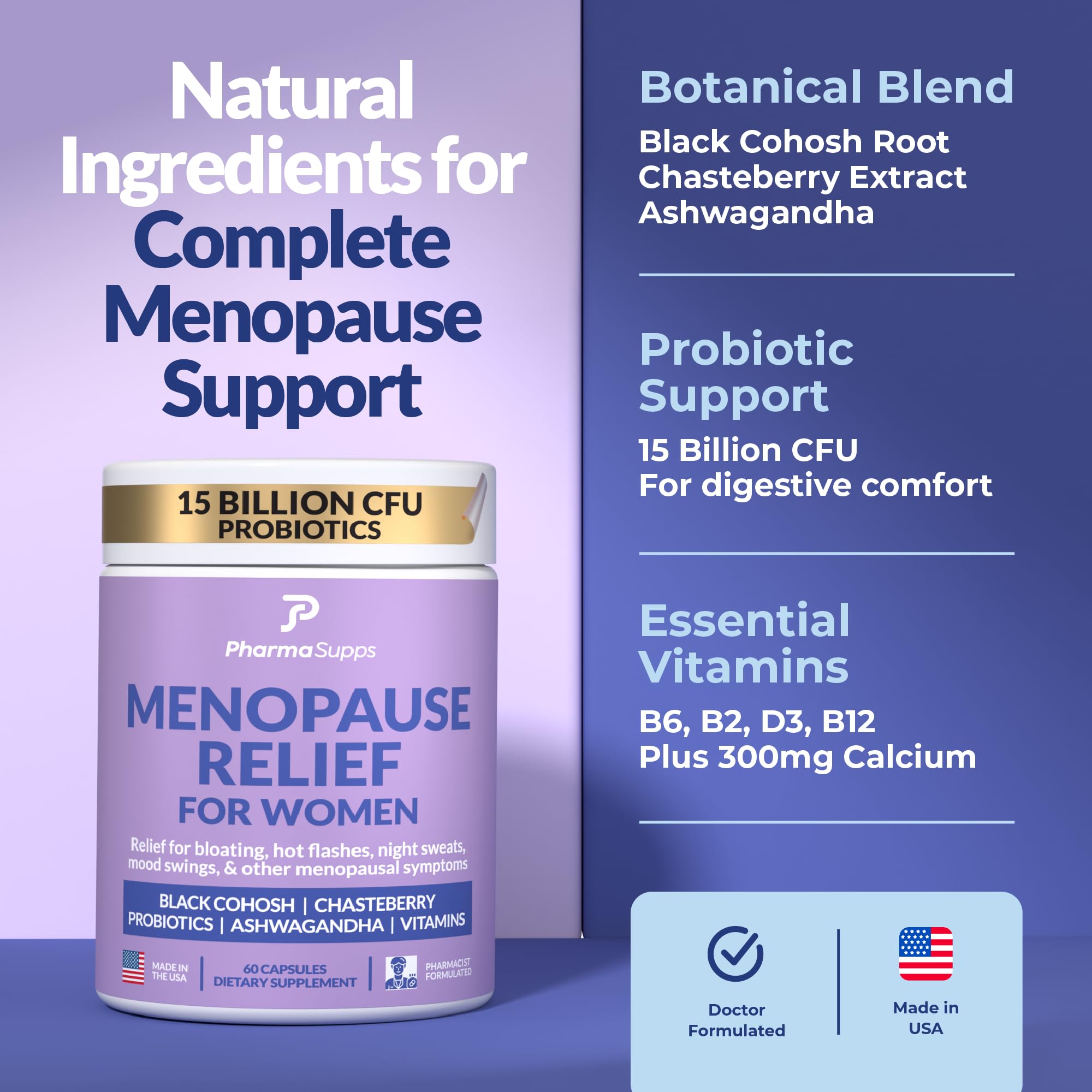 PharmaSupps ashwagandha blend capsules suggest stress and mood support.
