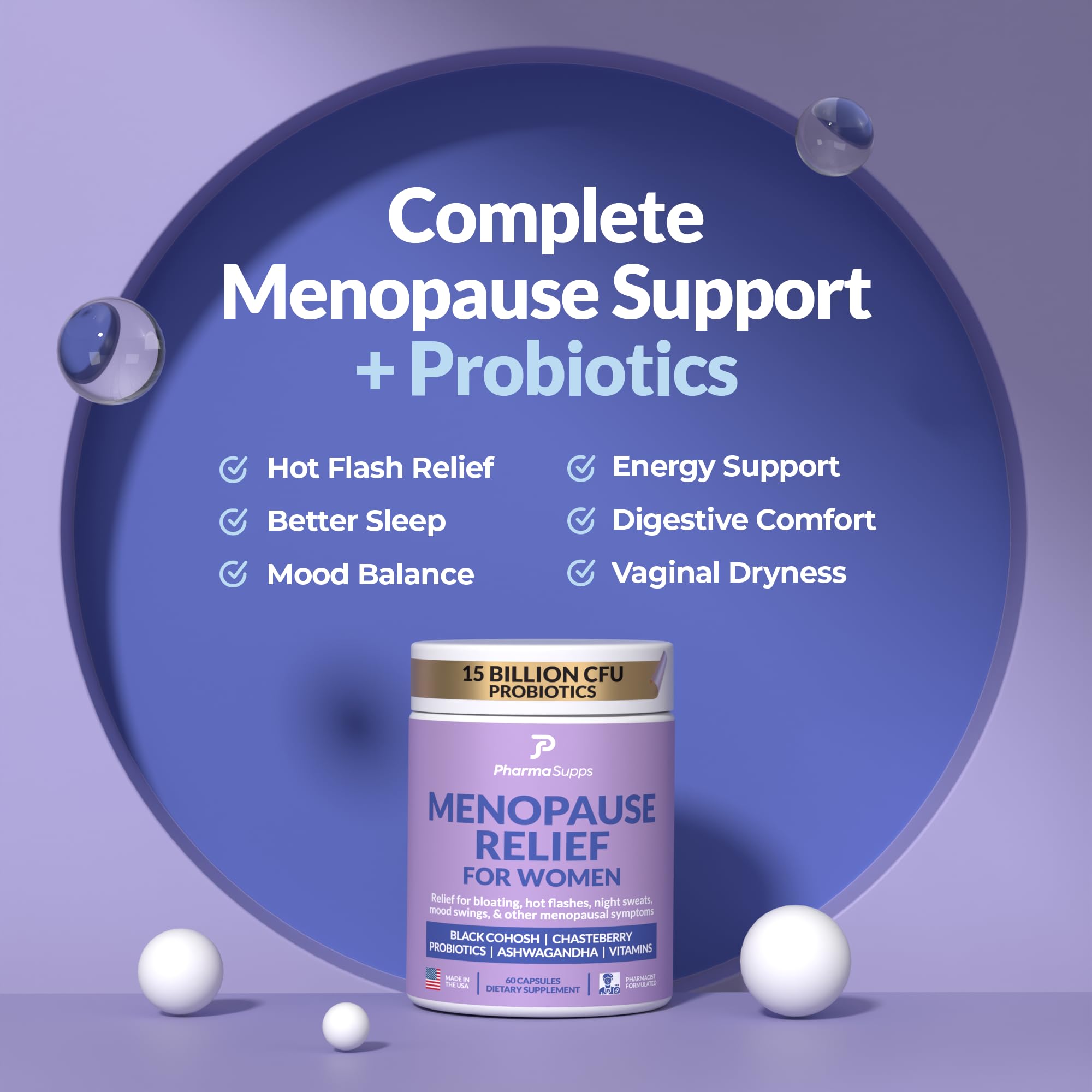 PharmaSupps capsules close-up for convenient daily menopause relief.