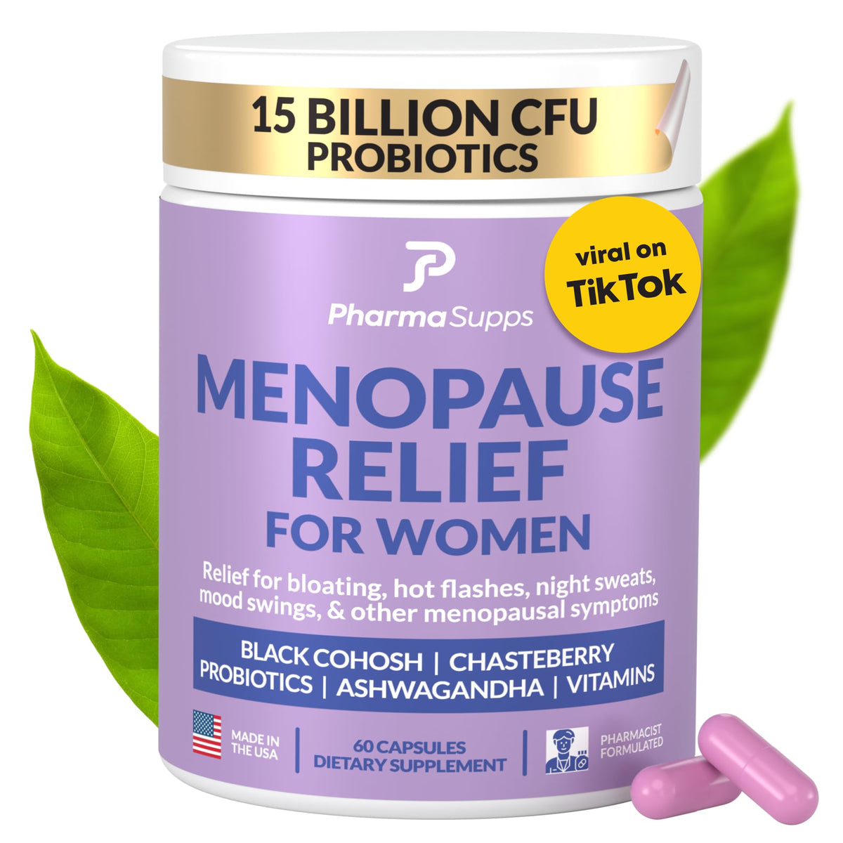 PharmaSupps natural menopause bottle label signals trusted balance support.