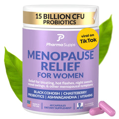 PharmaSupps natural menopause bottle label signals trusted balance support.