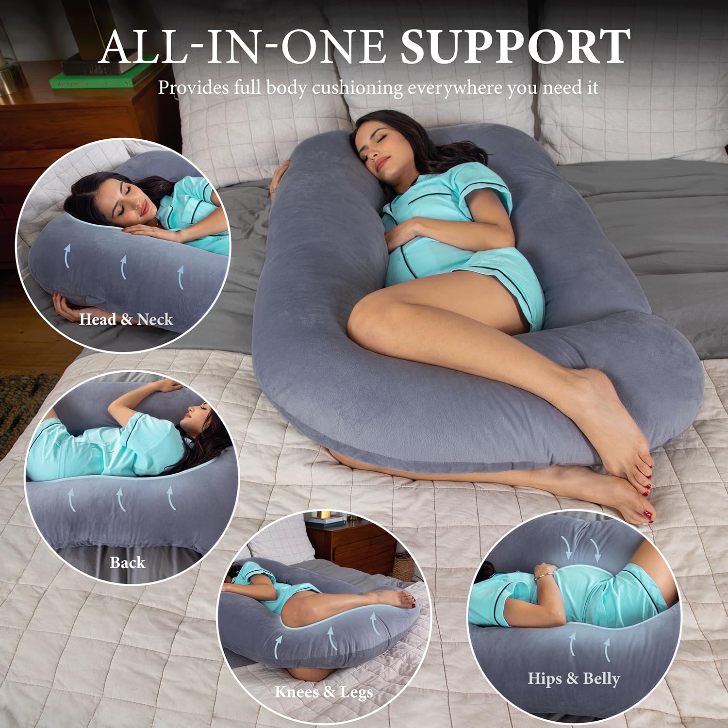 Pharmedoc full-body pillow in gray providing back and knee support during pregnancy.
