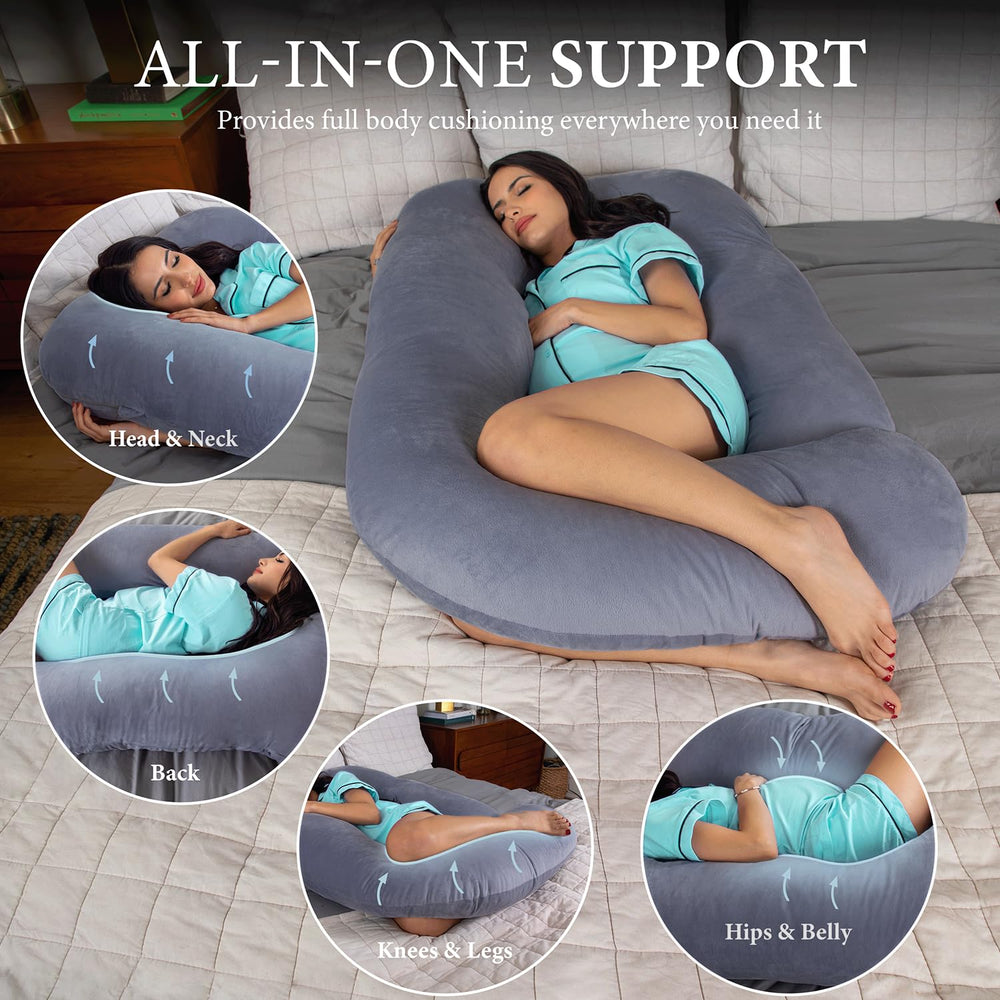 Pharmedoc full-body pillow in gray providing back and knee support during pregnancy.
