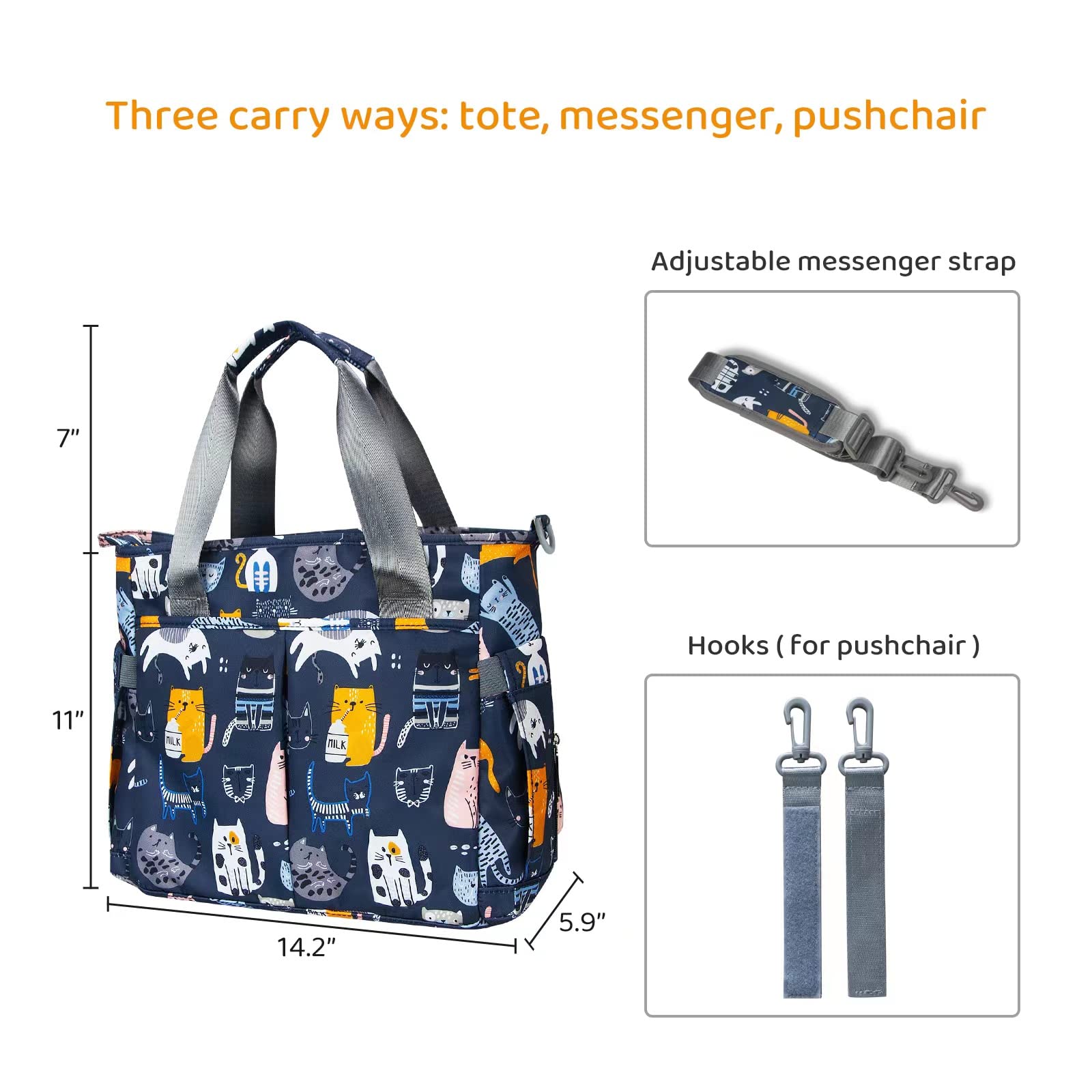 PHEBEN Cat Paradise diaper bag tote dry and wet pockets for organized items.