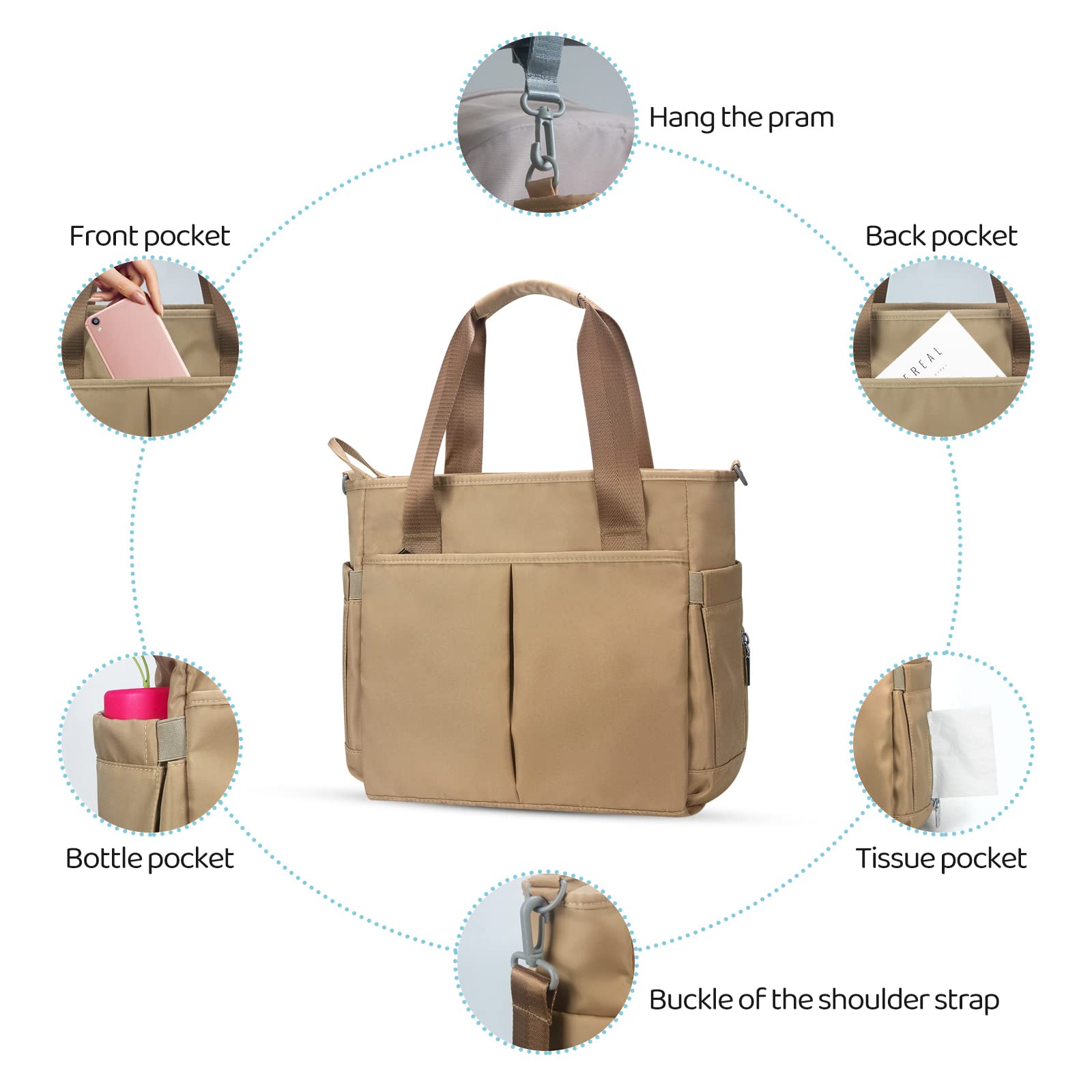 PHEBEN tote design converts to stroller, shoulder, or crossbody bag.
