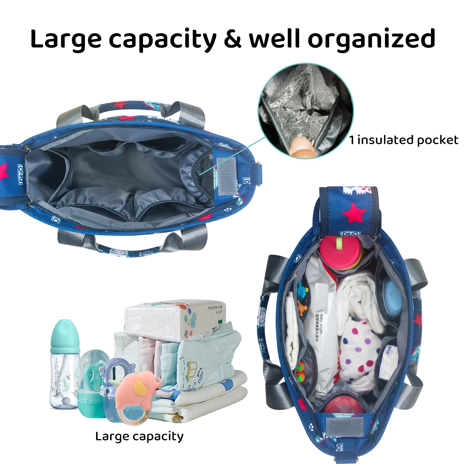 PHEBEN diaper bag tote interior layout for easy item organization on trips