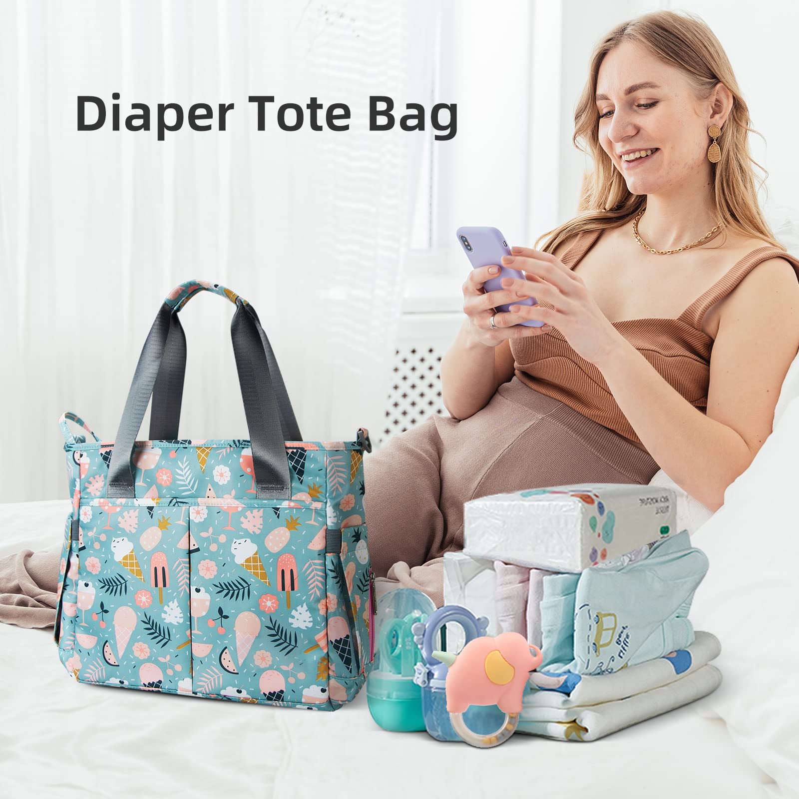 PHEBEN diaper bag tote with dessert pattern showing multi-pocket layout.