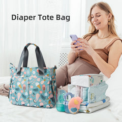 PHEBEN diaper bag tote with dessert pattern showing multi-pocket layout.