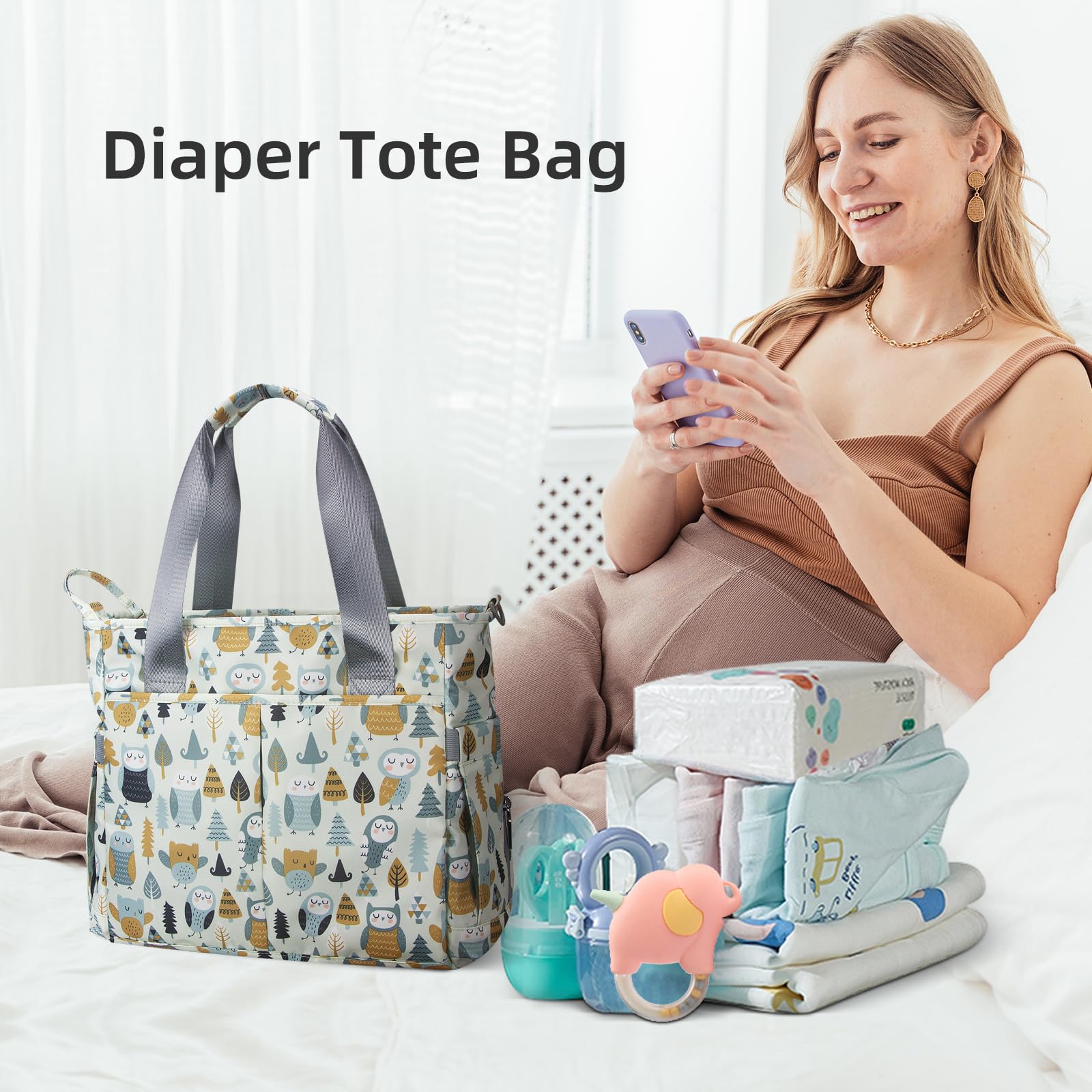 PHEBEN Diaper Bag Tote interior shows organized pockets for essentials.