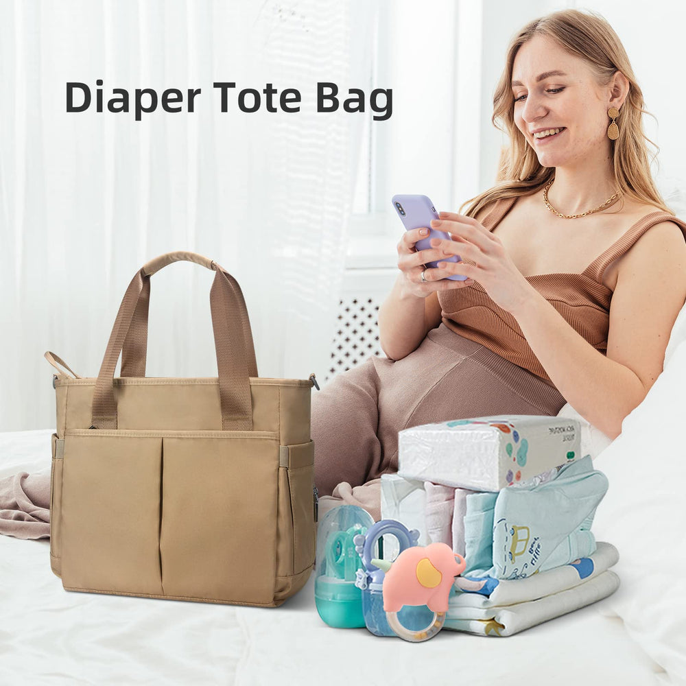 PHEBEN tote highlights spacious main compartment for daily baby essentials.