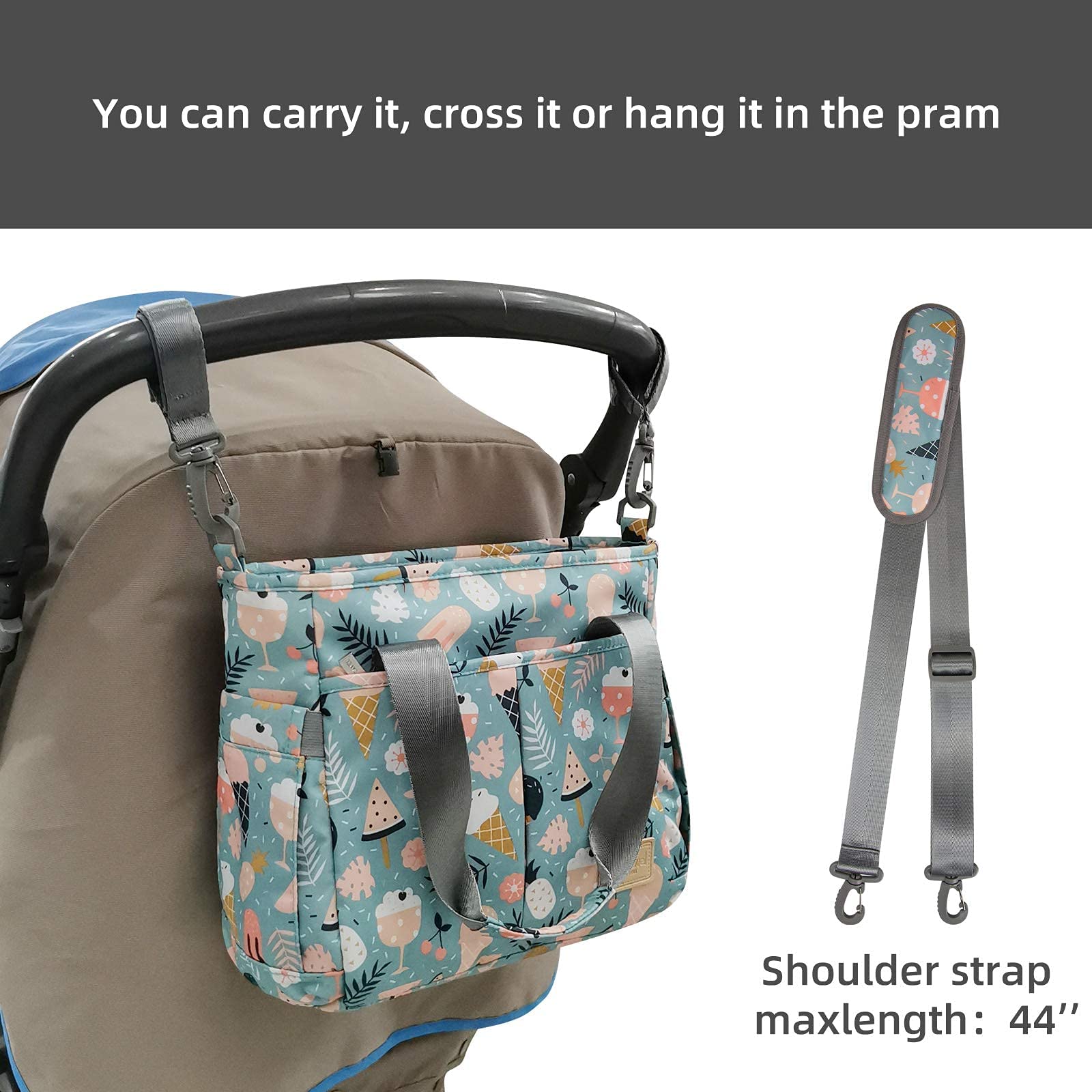 PHEBEN stroller hooks attach to bag for hands-free strolling.