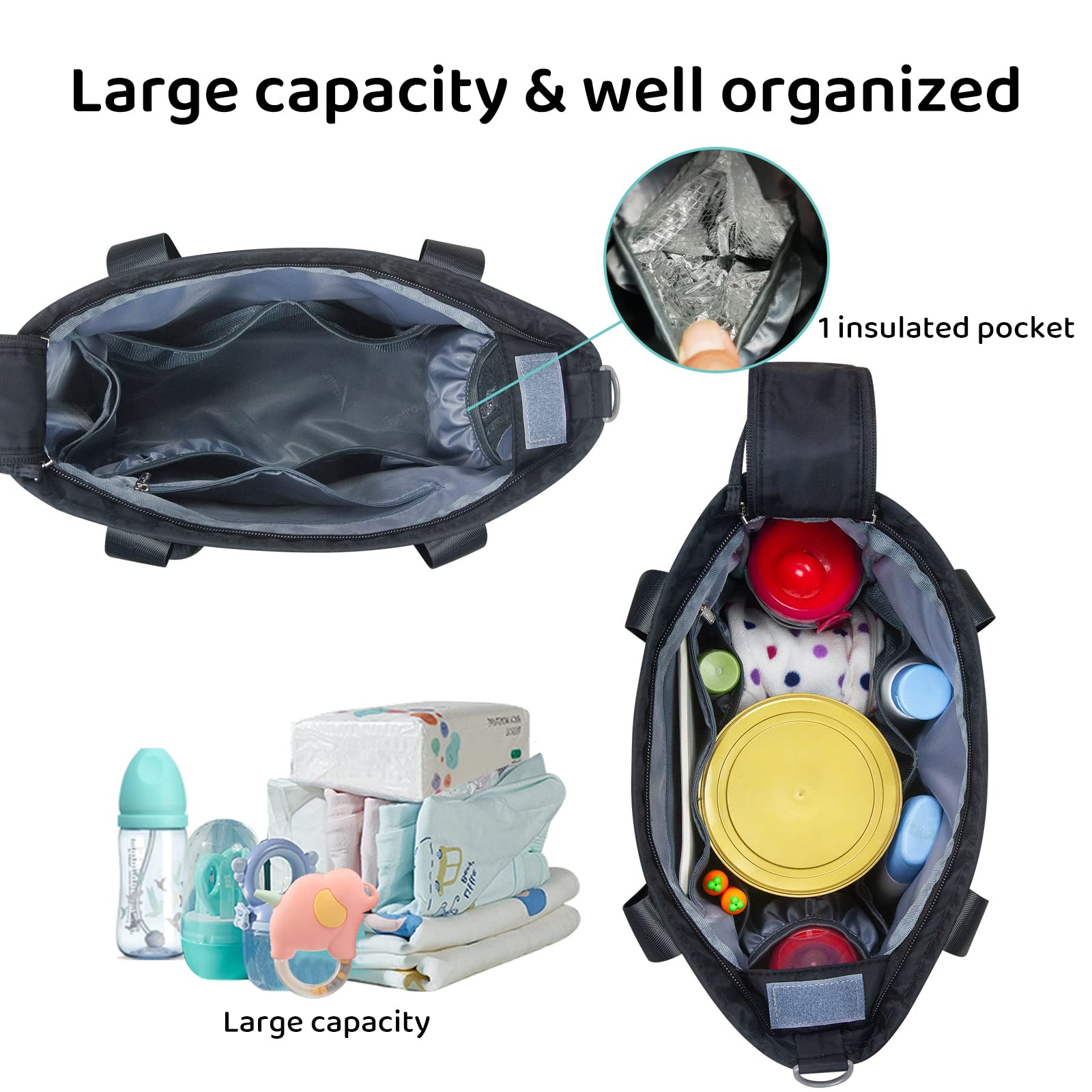 Stroller hooks and adjustable strap on PHEBEN tote enable hands-free carry