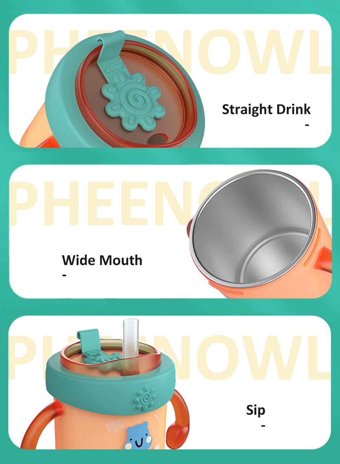 PHEENOWL toddler cup with handle orange, easy-grip design supports small hands during drinking.