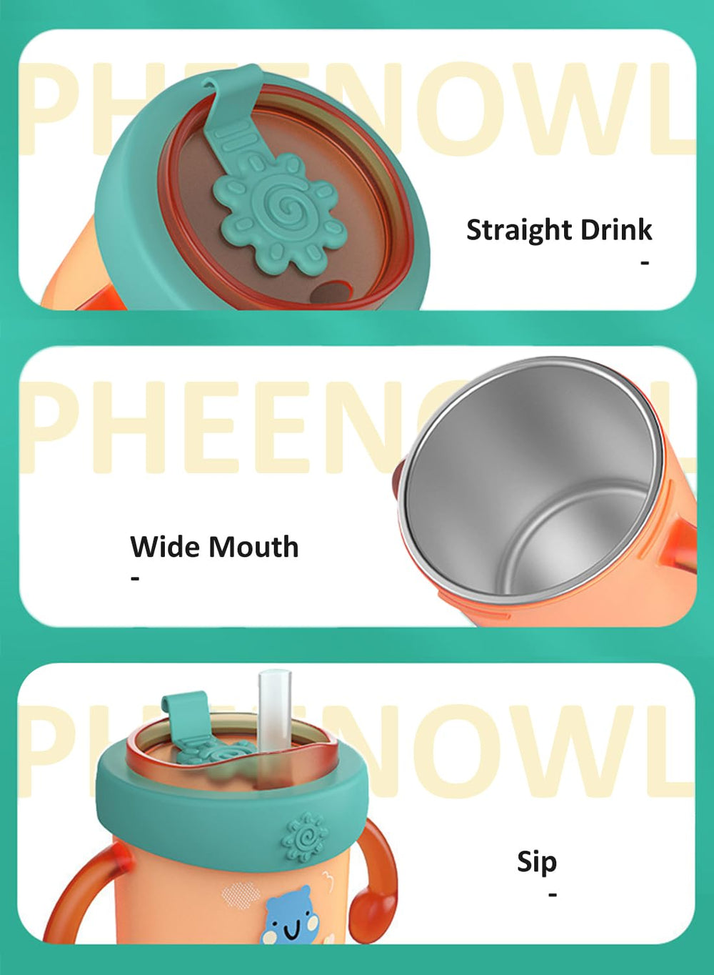 PHEENOWL toddler cup with handle orange, easy-grip design supports small hands during drinking.