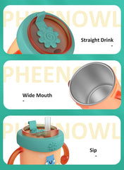 PHEENOWL toddler cup with handle orange, easy-grip design supports small hands during drinking.