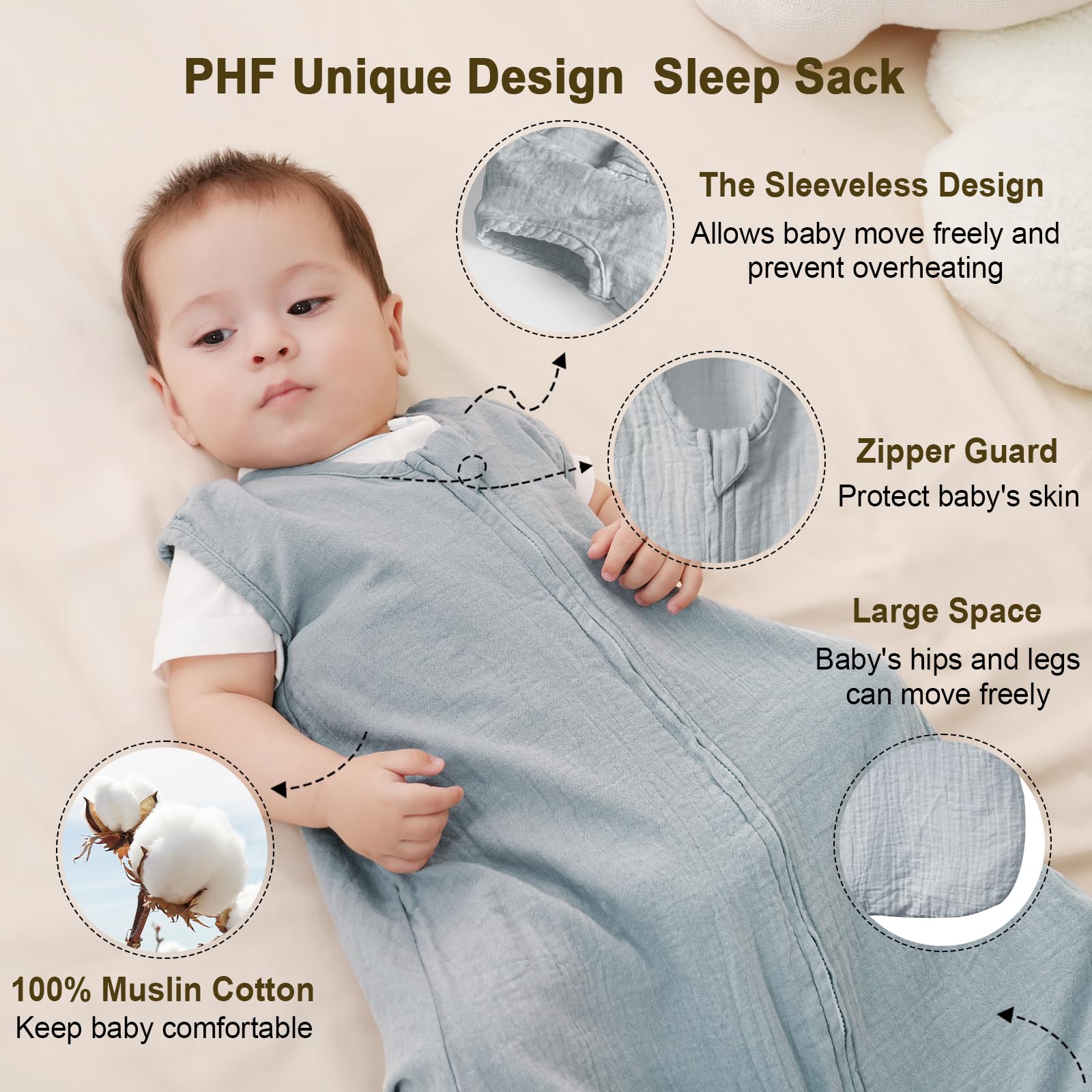 PHF sleeveless design sleep sack for breathable comfort