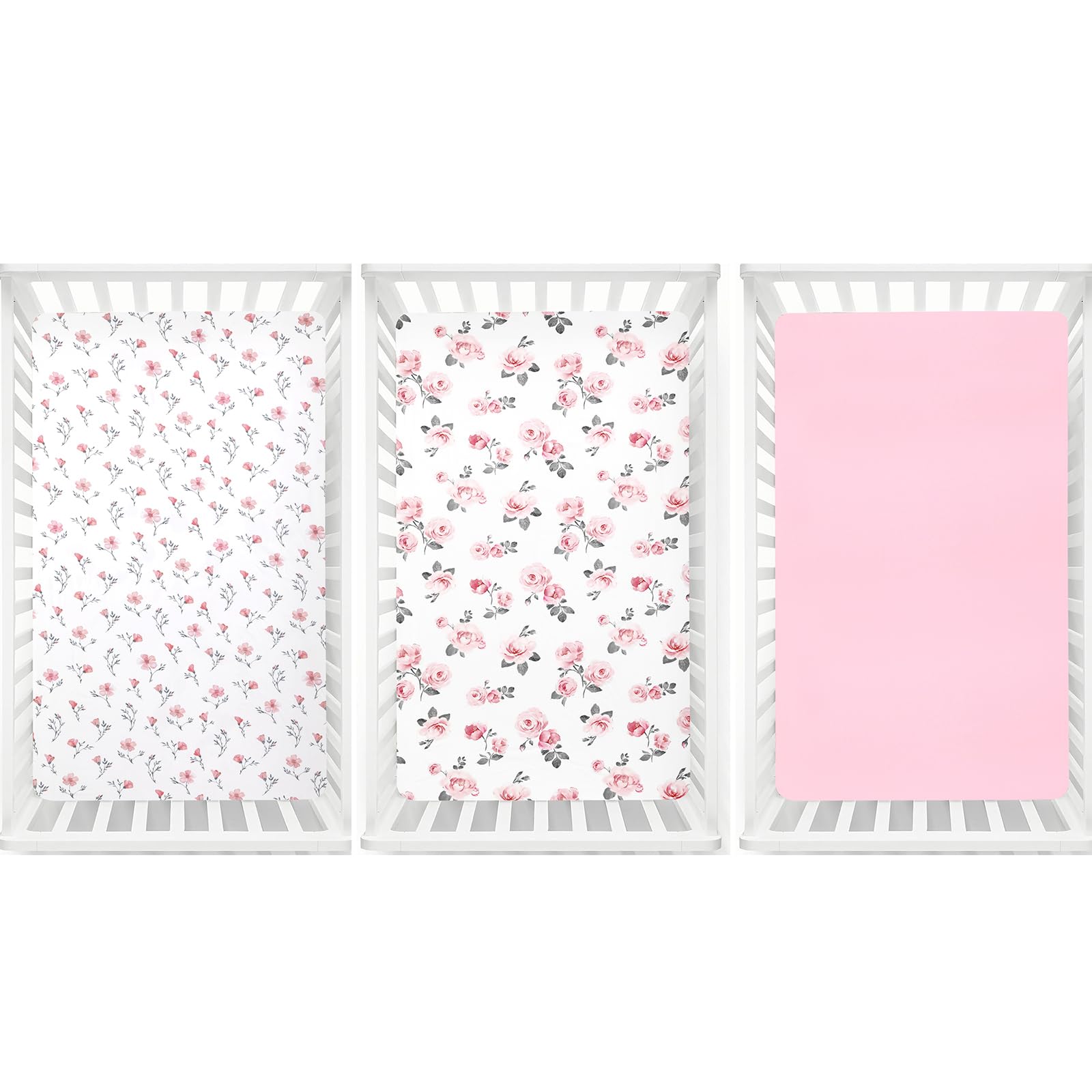 PHF three-pack pink floral crib sheets offer nursery versatility.