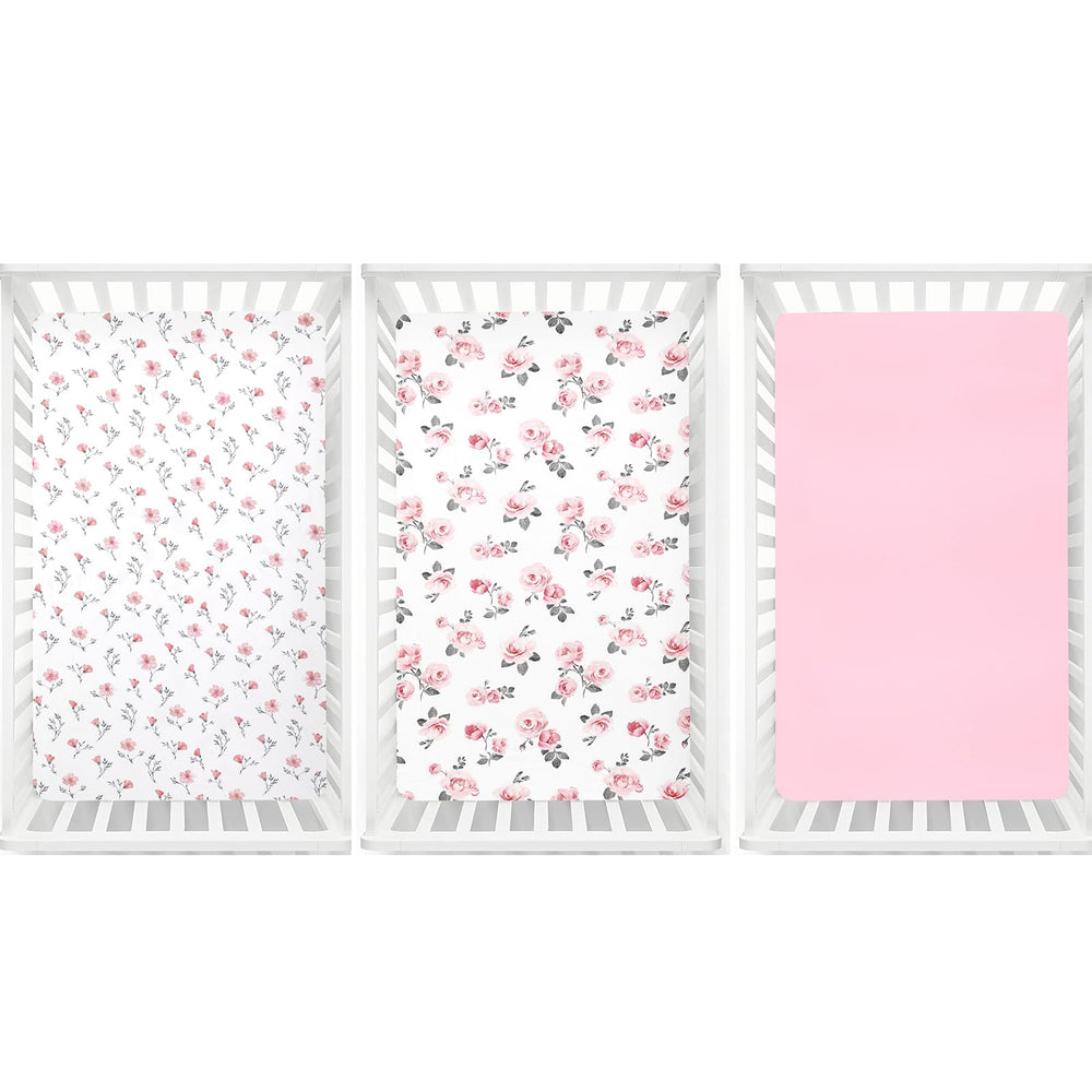 PHF three-pack pink floral crib sheets offer nursery versatility.