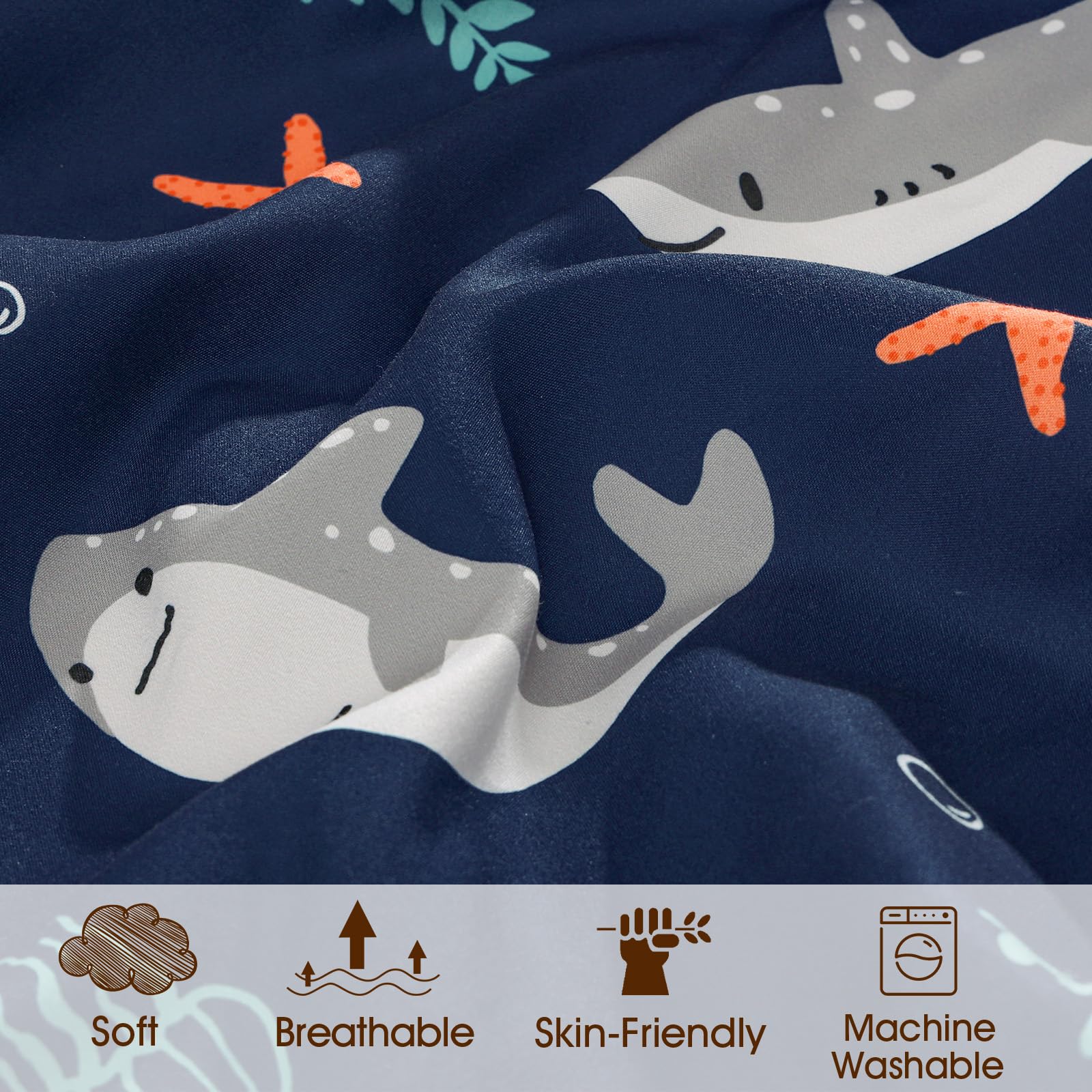 PHF shark sheet beside washing machine illustrating easy care and softness