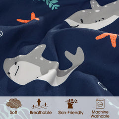 PHF shark sheet beside washing machine illustrating easy care and softness