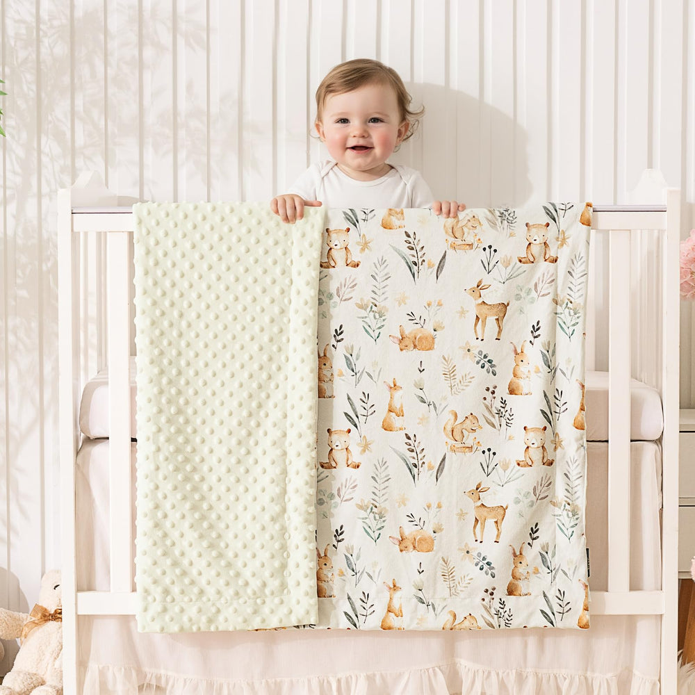 PHF Minky baby blanket woodland forest pattern complements nursery decor.
