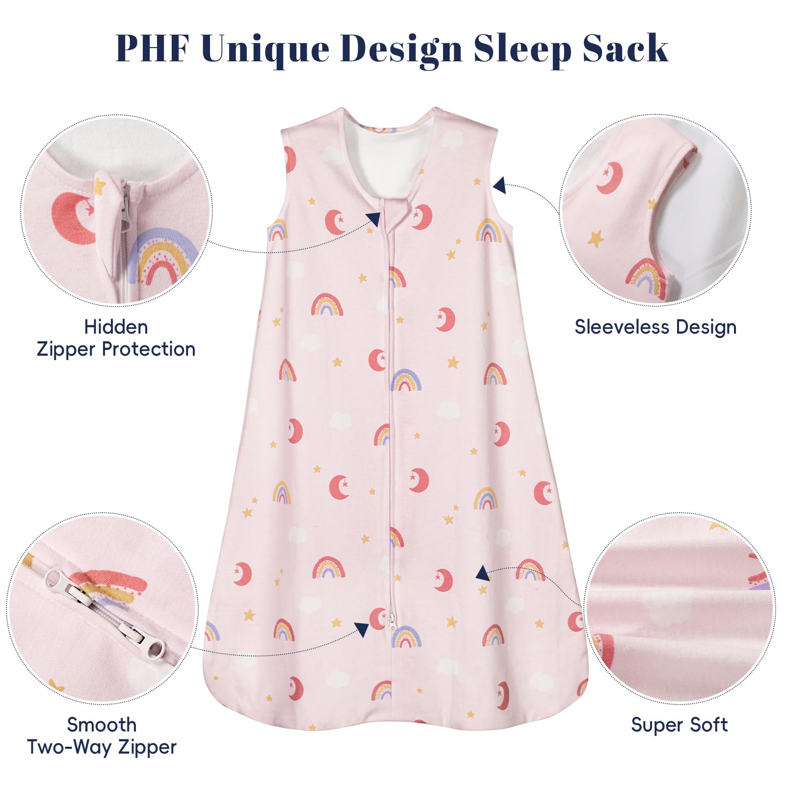 PHF sleep sack interior zipper protector prevents skin irritation during changes.
