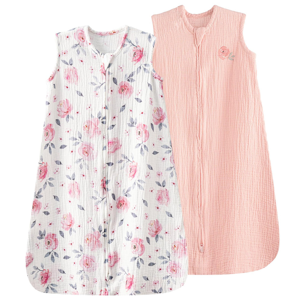 PHF baby sleep sack pink floral full view highlights breathable muslin comfort.