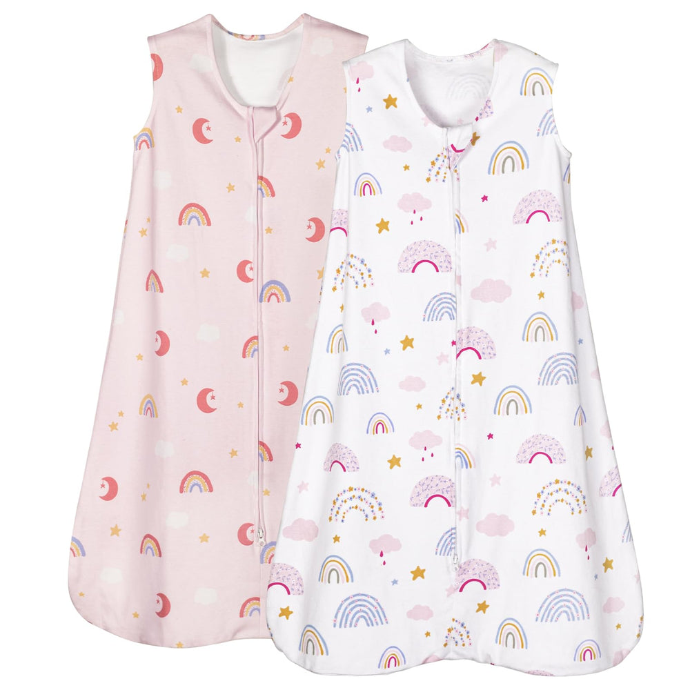 PHF rainbow two-pack baby sleep sack, gentle organic cotton for sensitive skin.