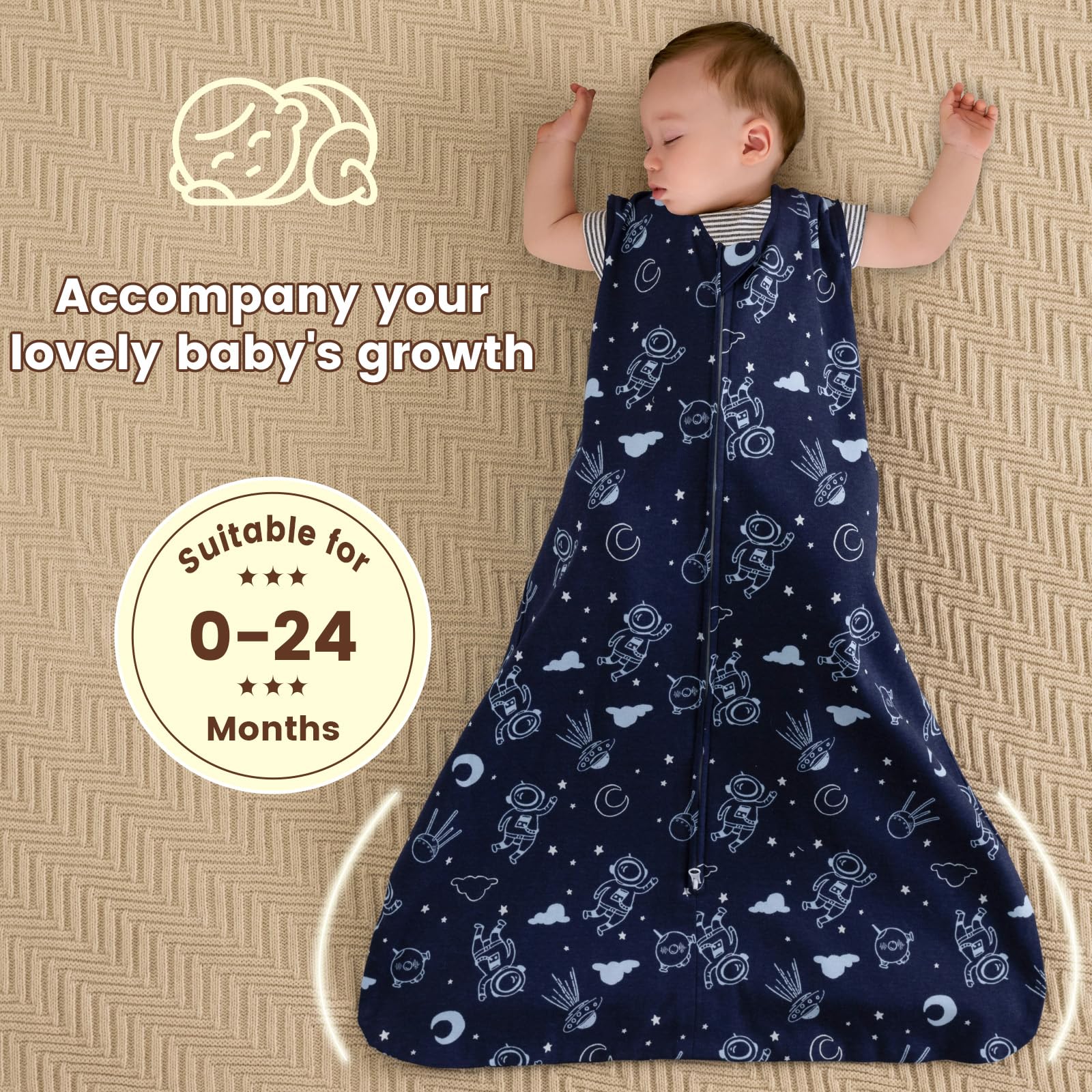 PHF navy space sleep sack worn by baby at night for secure sleep