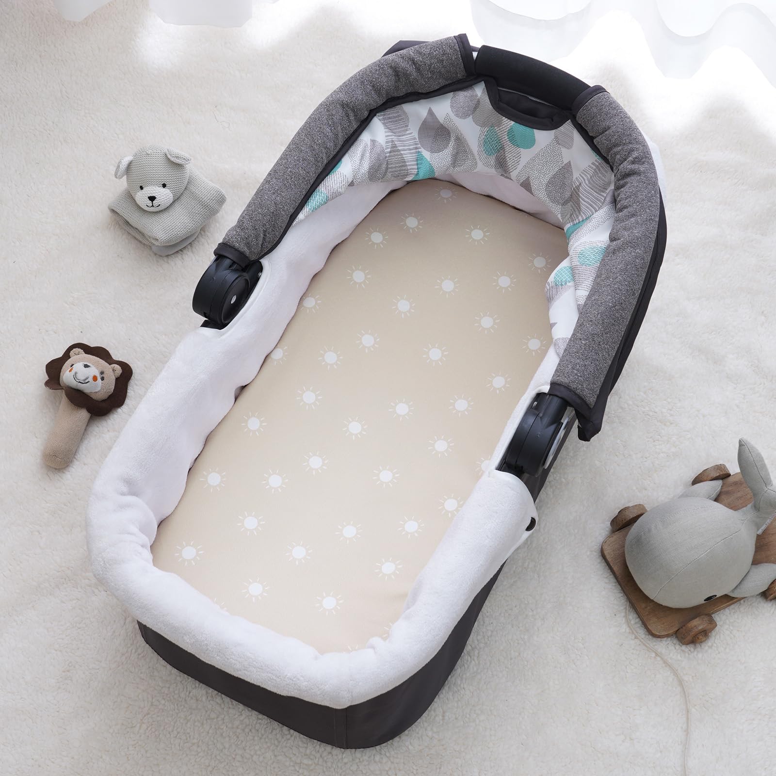 PHF rainbow bassinet sheets are easy to care for in a cold machine wash.