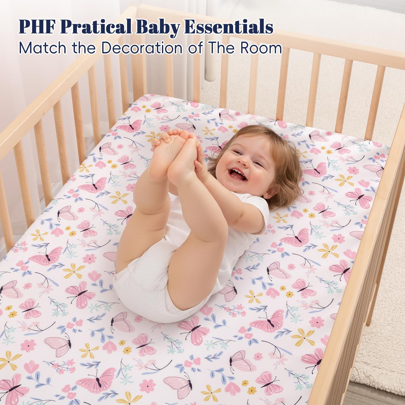 PHF butterfly-pattern-crib-sheet fits standard cribs securely and neatly.