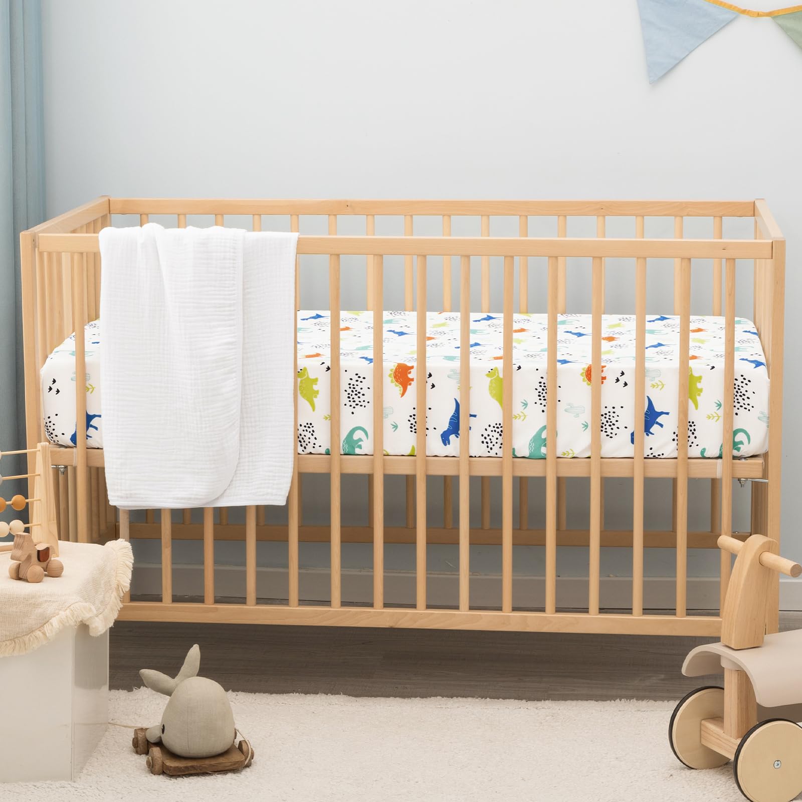 PHF crib sheets elastic band bottom keeps sheets flat and securely in place.