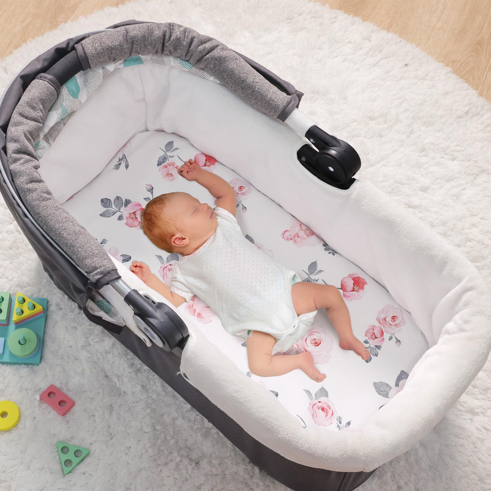 PHF bassinet sheet with elastic edge for secure, snug fit on most shapes