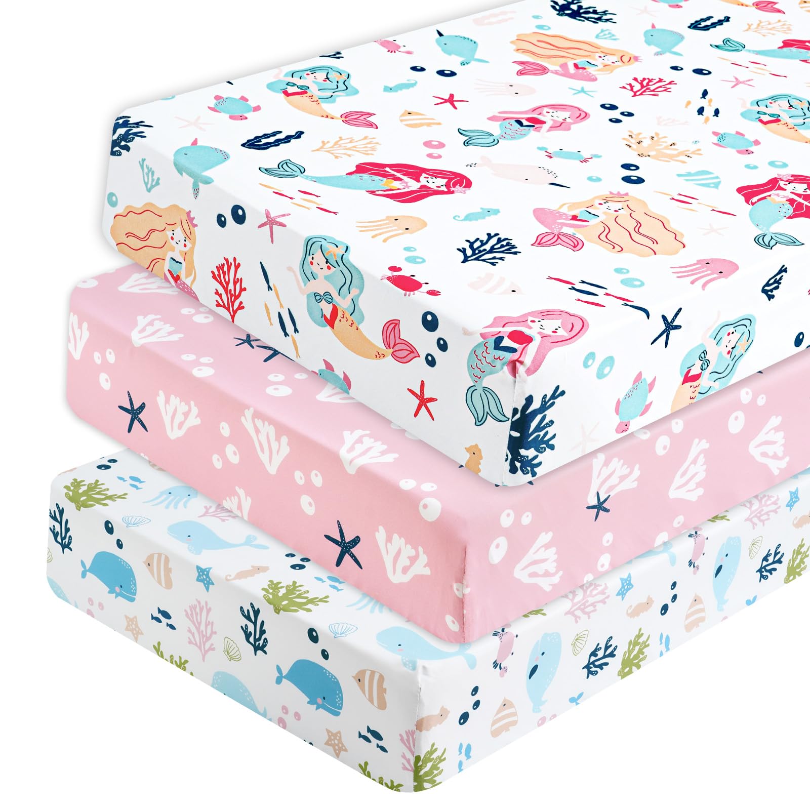 PHF Mermaid crib sheets 3-pack package in soft fabric for comfortable baby sleep.