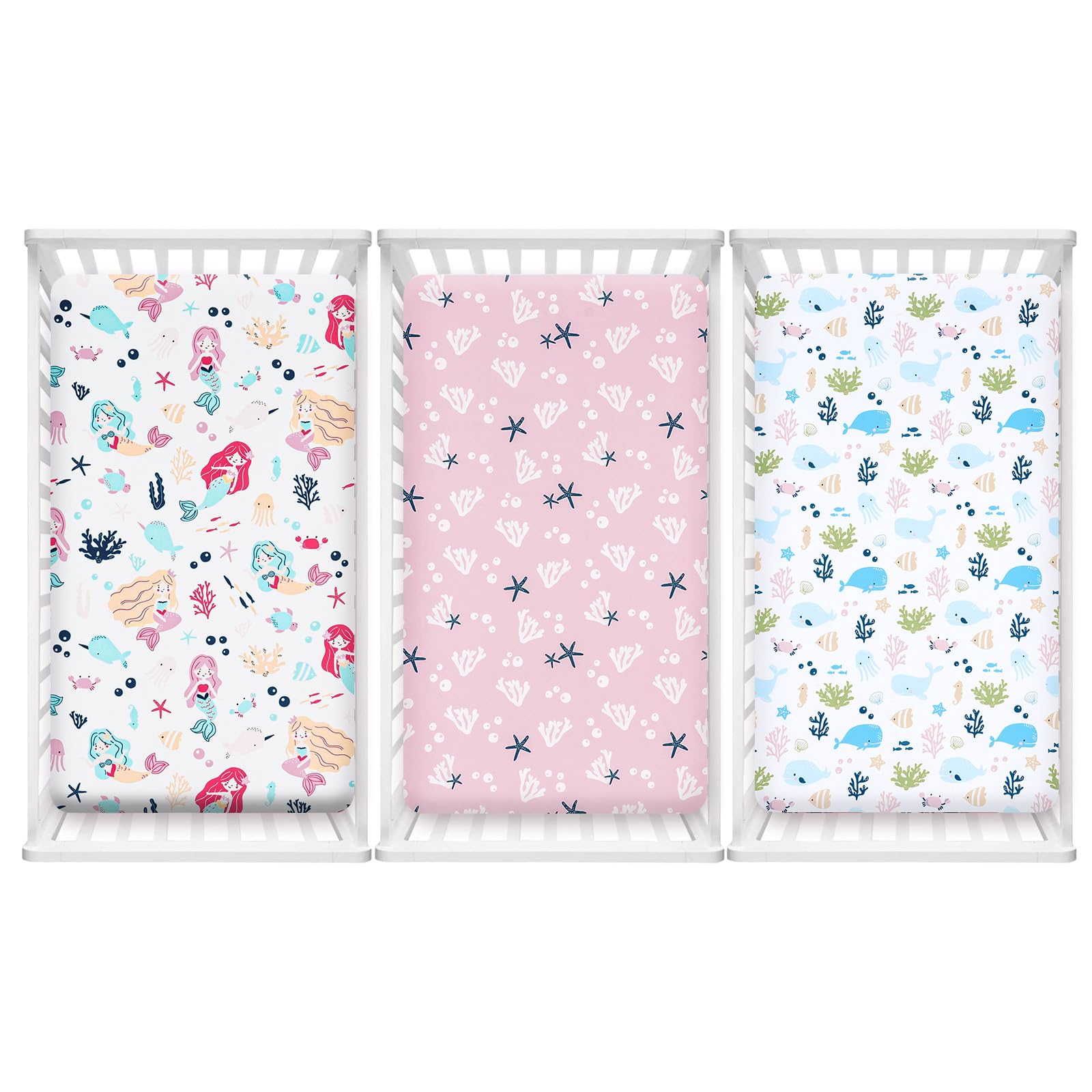 PHF Mermaid crib sheets 3-pack ready for easy wash and quick dry.