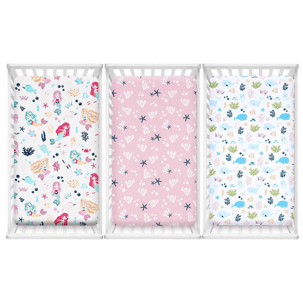 PHF Mermaid crib sheets 3-pack ready for easy wash and quick dry.