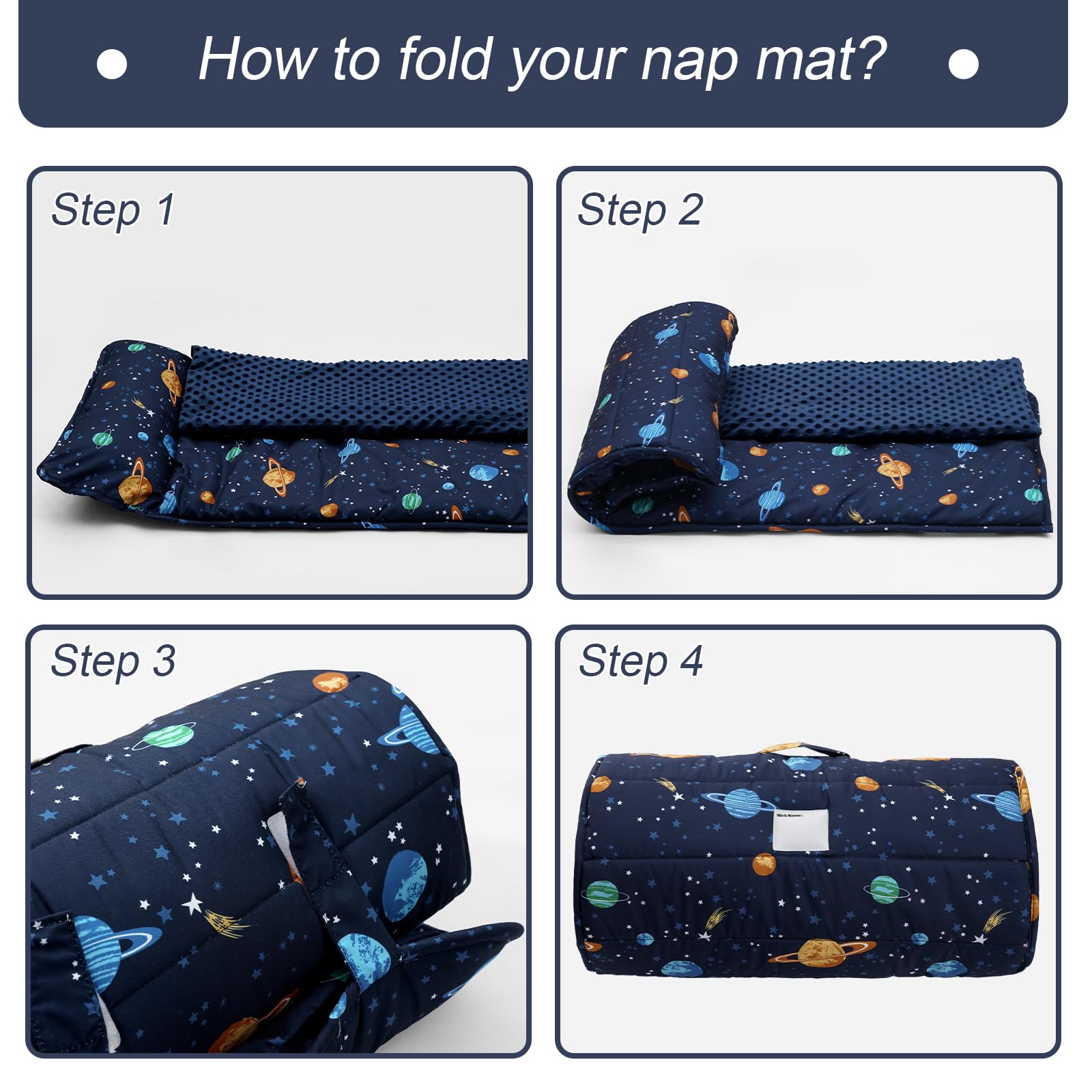 PHF nap mat with hook-and-loop closures and carry handle.
