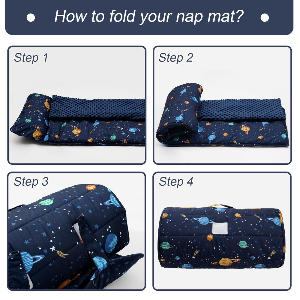 PHF nap mat with hook-and-loop closures and carry handle.