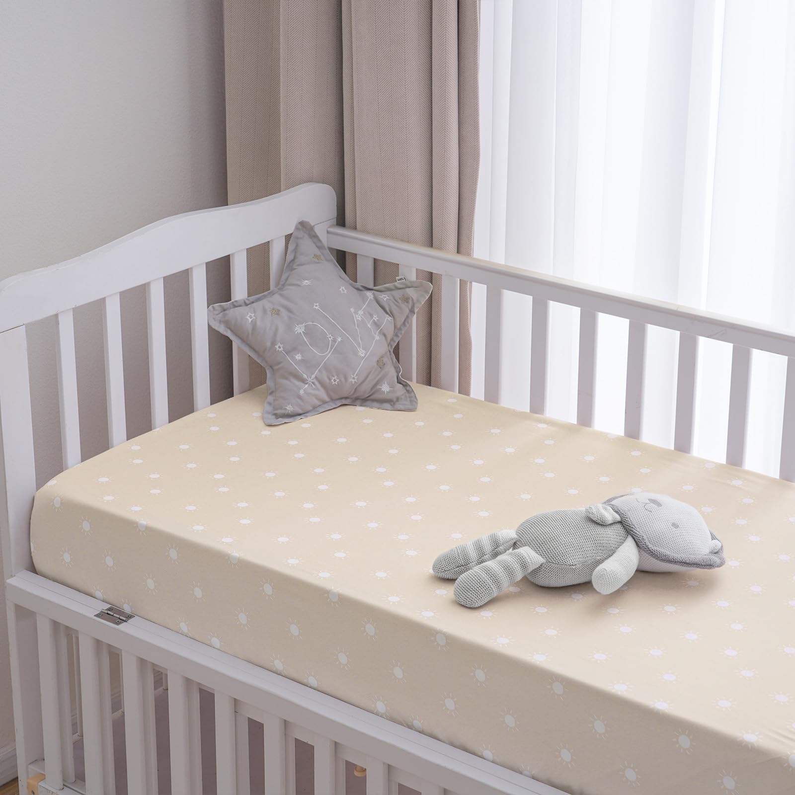 PHF rainbow crib sheet highlighting 9-inch deep pocket fit