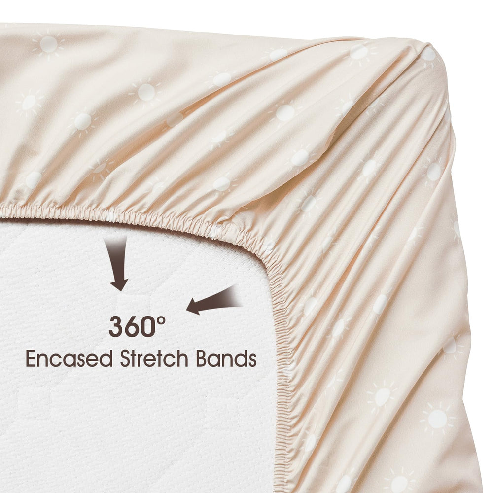 PHF rainbow crib sheet laid flat to reveal neat edges