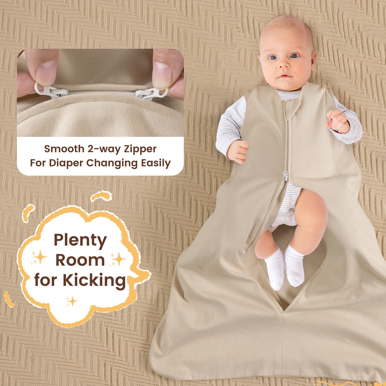PHF roomy hip-design sleep sack allows natural leg movement.