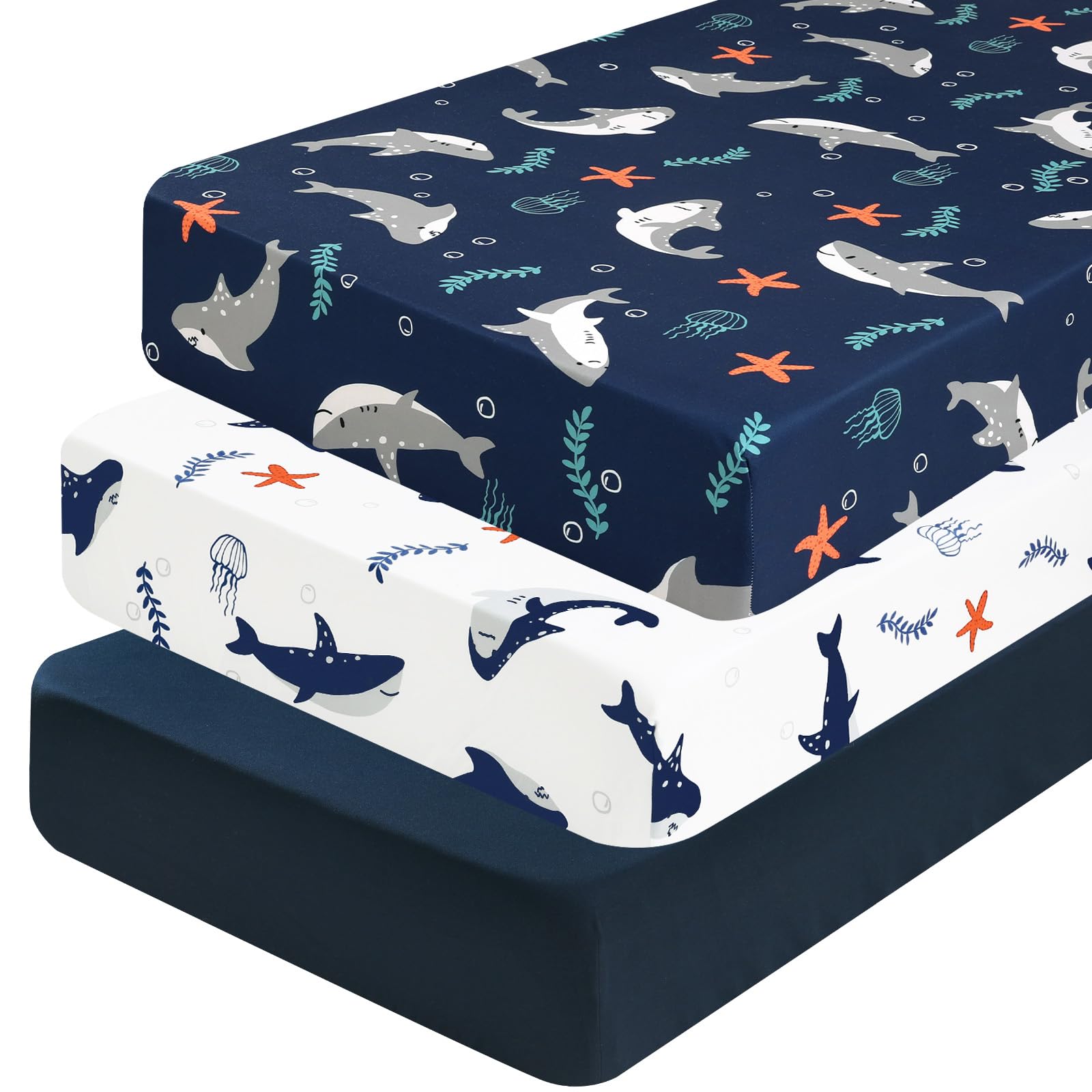 PHF shark crib sheet showing a snug 28x52 fit for standard cribs.