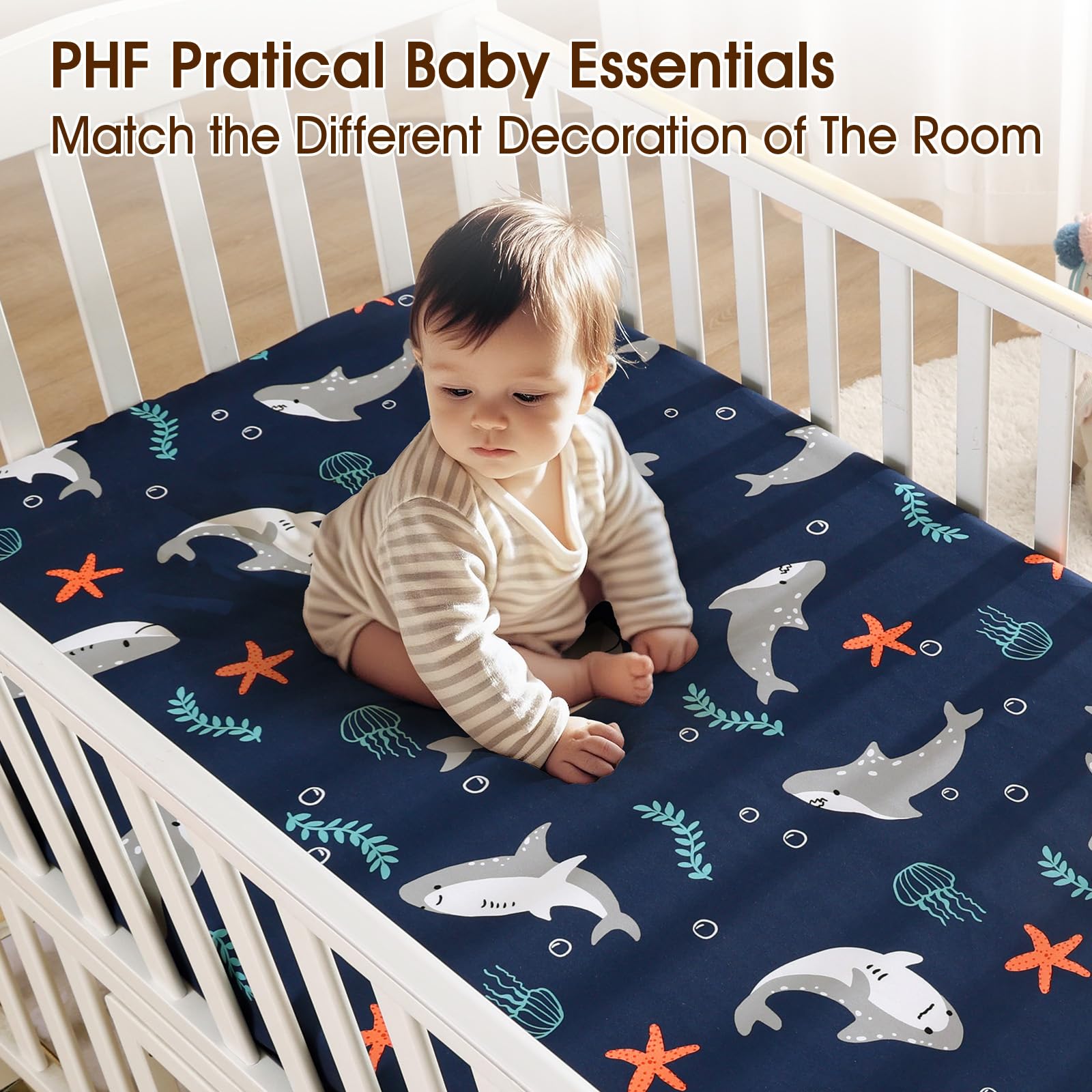 PHF shark crib sheet bottom elastic band keeps mattress flat and secure.