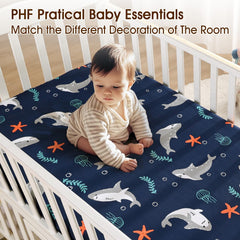 PHF shark crib sheet bottom elastic band keeps mattress flat and secure.