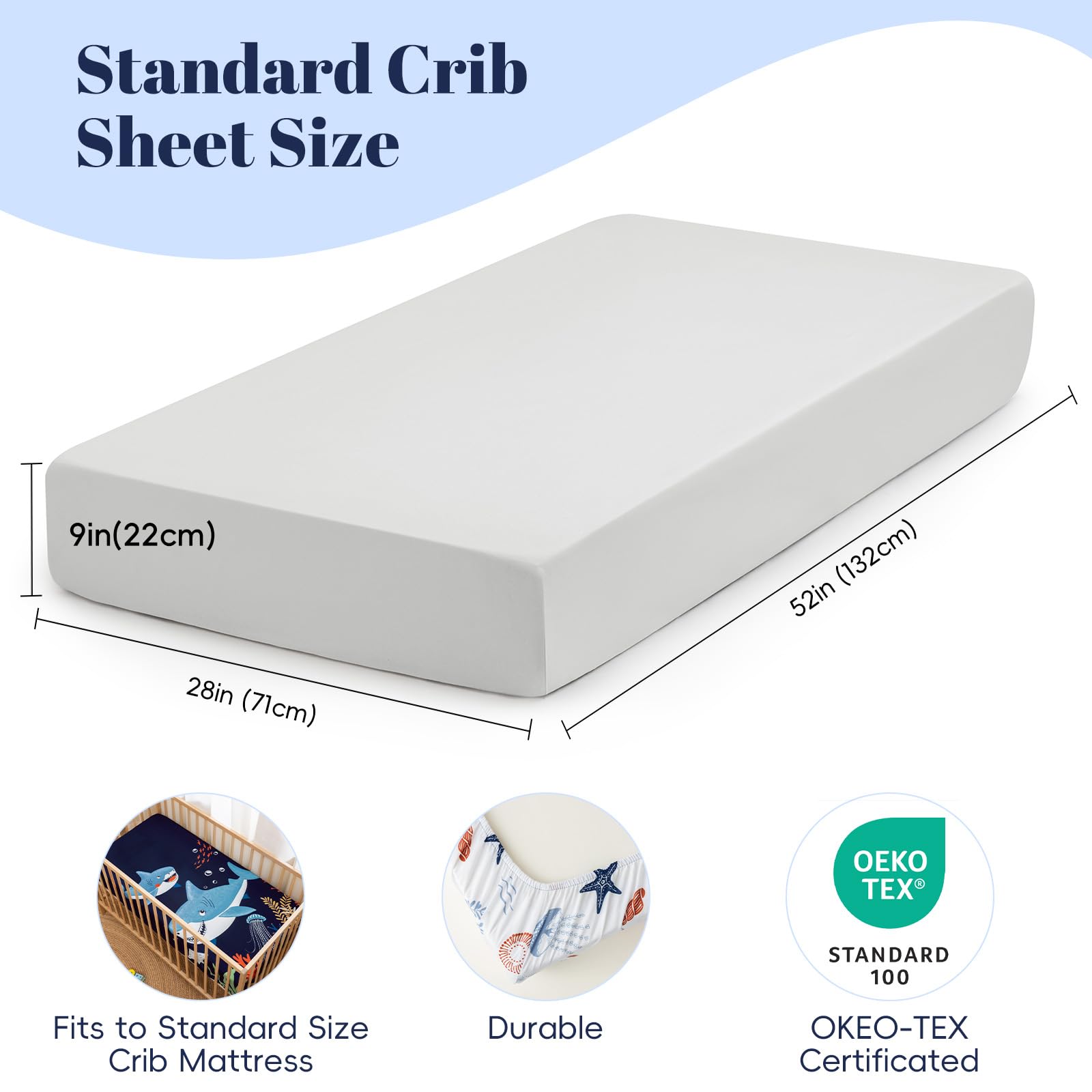 PHF shark crib sheet easy-care fabric resists pilling and shrinking.