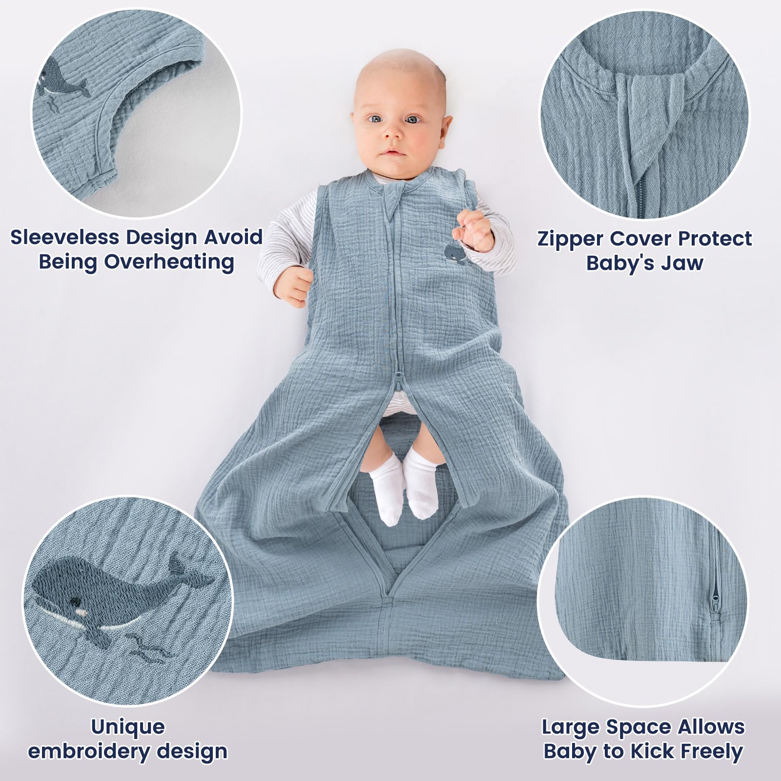 Sleeveless PHF sleep sack design helps prevent overheating.
