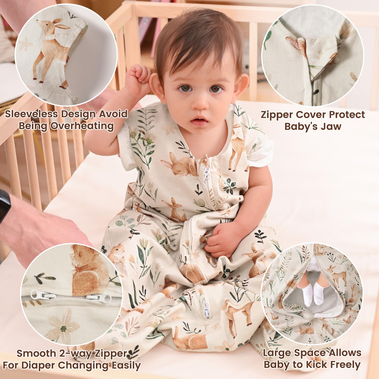 PHF woodland sleep sack arm and neck openings for secure comfortable fit