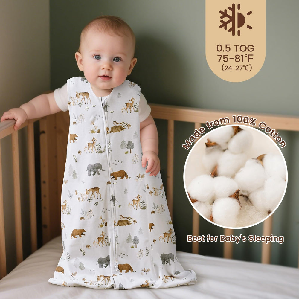 PHF soft baby sleep sack Woodland worn demonstrates roomy hip movement for safe sleep