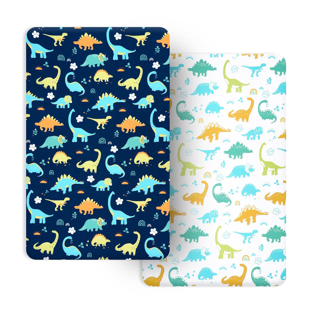PHF dinosaur-pattern mini crib sheet fits snugly on pack n play mattress