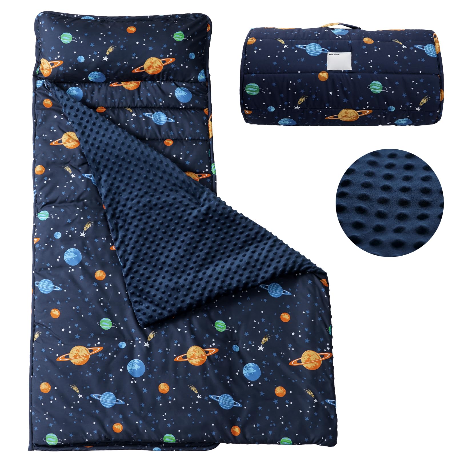 PHF Toddler Nap Mat rolled up with pillow for easy preschool naps.