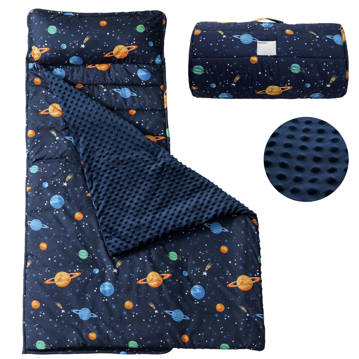 PHF Toddler Nap Mat rolled up with pillow for easy preschool naps.